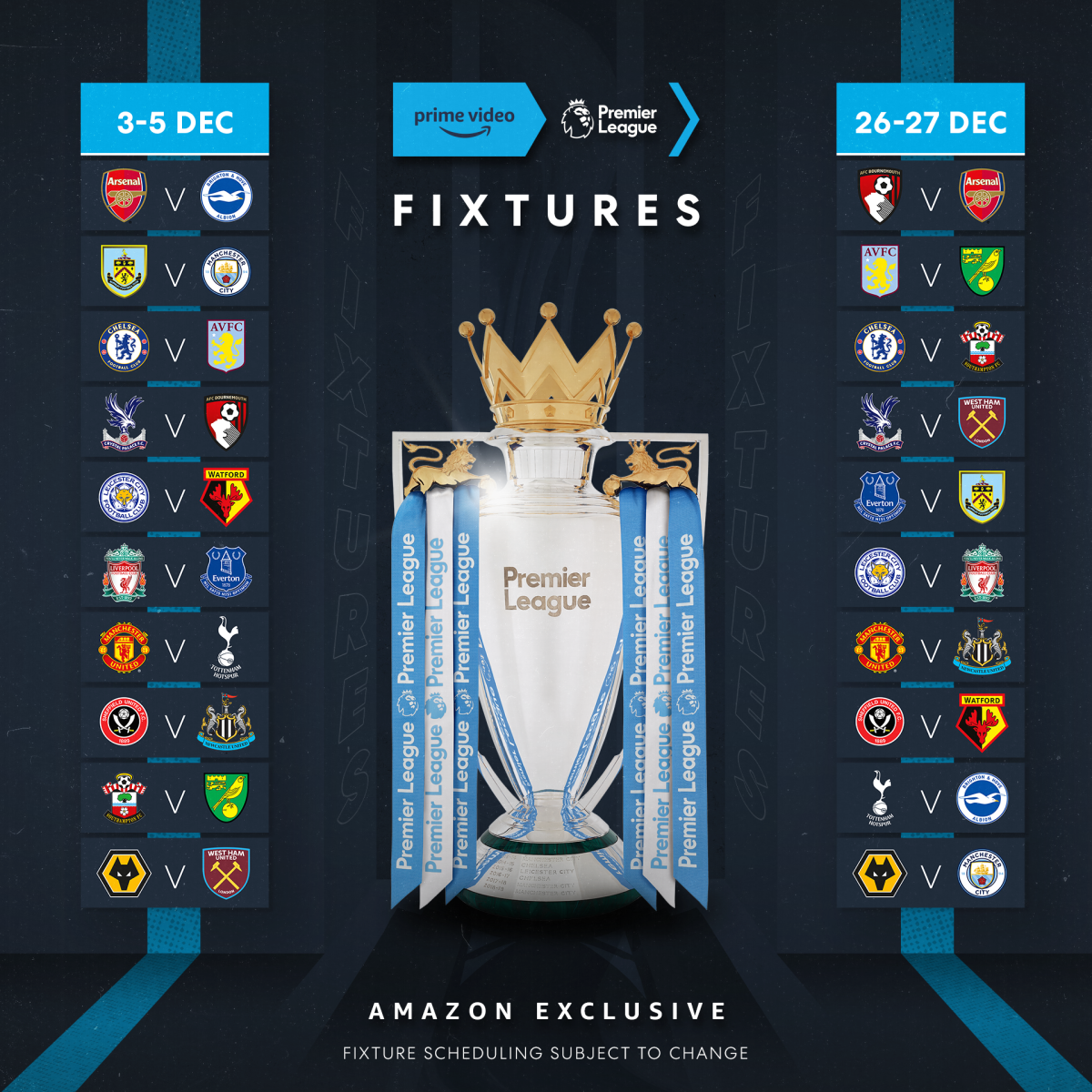 Amazon Prime announce 20 live Premier League matches over Christmas period