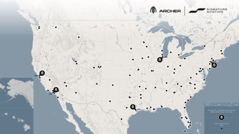 Map showcasing over 130 of Signature’s U.S. assets, highlighting initial locations from their partnership with Archer. (EWR, ORD, HOU, VNY and OAK) (Graphic: Business Wire)