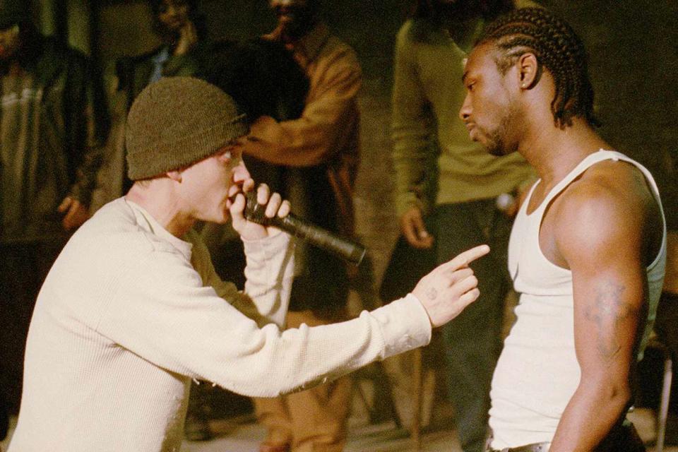 <p>Maximum Film/ Alamy</p> Eminem (left) and Nashawn Breedlove in 8 Mile - 2002