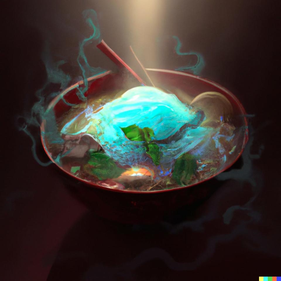 DALL·E AI-generated image of "a bowl of pho that is a portal to another dimension, digital art""