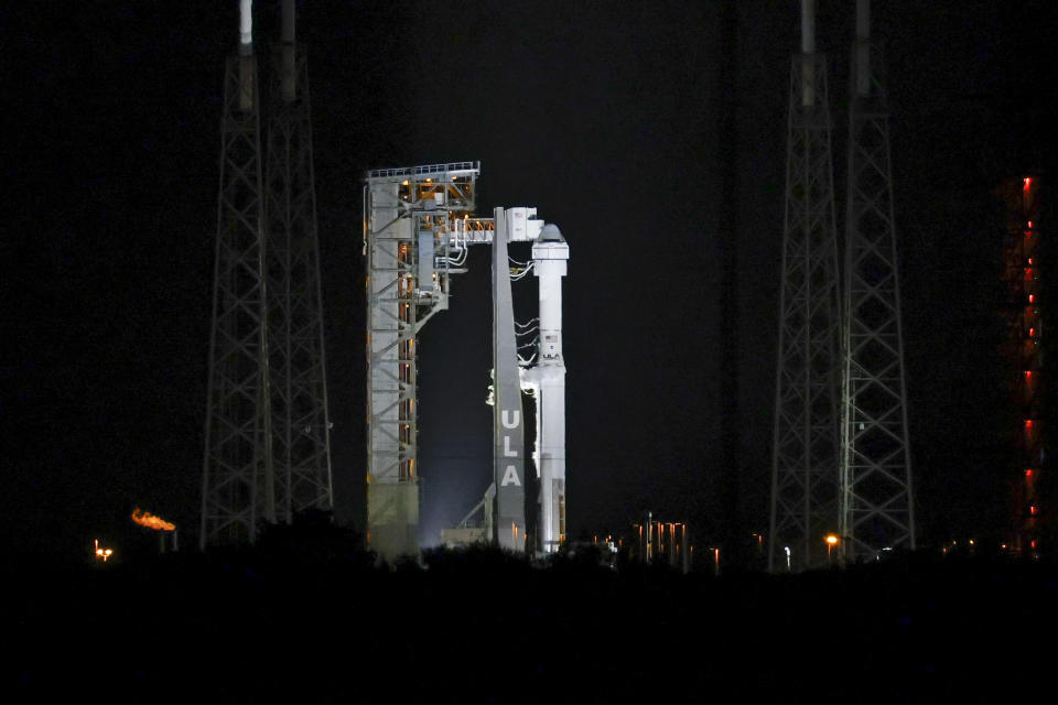 Boeing's Starliner capsule atop an Atlas V rocket is seen at Space Launch Complex 41 after the launch attempt was scrubbed at the Cape Canaveral Space Force Station, late Monday, May 6, 2024, in Cape Canaveral, Fla. (AP Photo/Terry Renna)