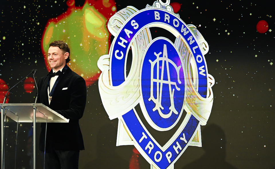Lachie Neale with the Brownlow Medal in 2023.