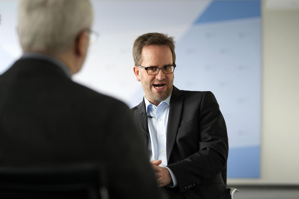 Germany's chief utility regulator, Klaus Mueller speaks during an interview with The Associated Press at the Federal Network Agency in Bonn, Germany, Wednesday, Feb. 22, 2023. Germany's natural gas reserves are abundant, and prices are down. But the country's top utility regulator, Klaus Mueller, says it's too soon to sound the all clear on an energy crisis spawned by the war in Ukraine, which laid bare Europe's dependence on Russian natural gas. (AP Photo/Martin Meissner)