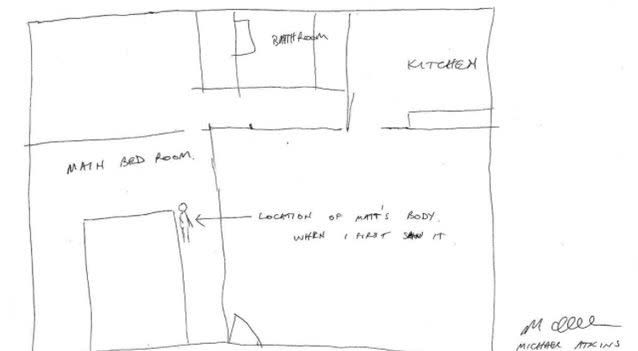 A map of their bedroom on the night Matthew Leveson died drawn by Michael Atkins' for police