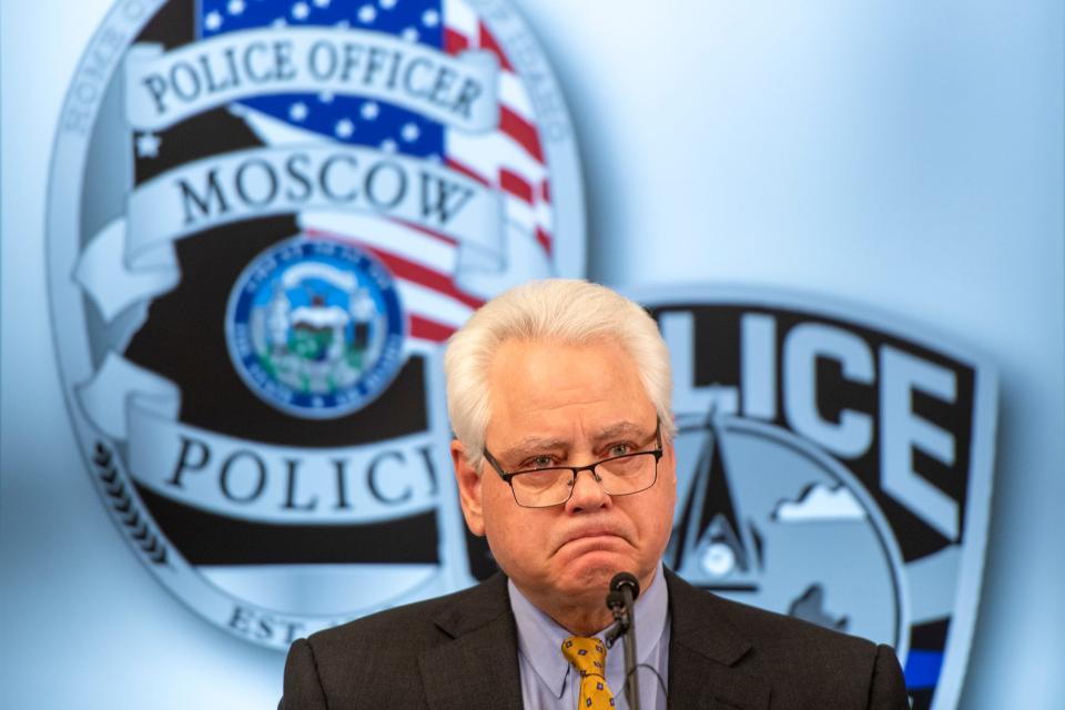 University of Idaho President Scott Green reacts emotionally when speaking about four students who were murdered in an off-campus house in Moscow during a press conference at the Moscow Police Department on Wednesday, Nov. 16, 2022, in Moscow, Idaho. (Zach Wilkinson/The Moscow-Pullman Daily News via AP) ORG XMIT: IDMOS502