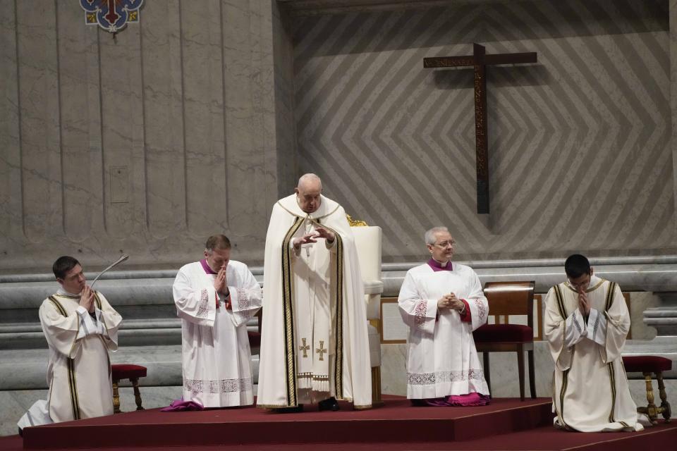Pope Francis celebrates the Holy Chrism Mass in St. Peter's Basilica, at The Vatican, Thursday, March 28, 2024. (AP Photo/Gregorio Borgia)