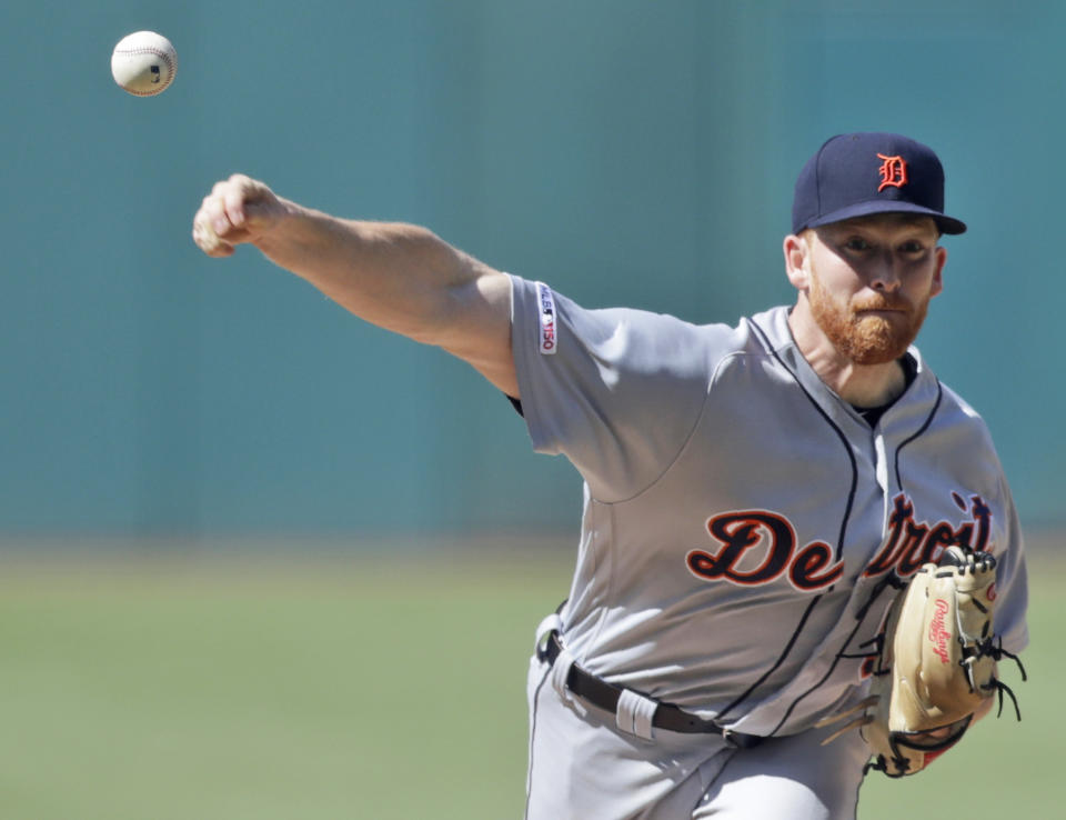 Detroit Tigers starting pitcher Spencer Turnbull delivers in the first inning of a baseball game against the Cleveland Indians, Saturday, June 22, 2019, in Cleveland. (AP Photo/Tony Dejak)