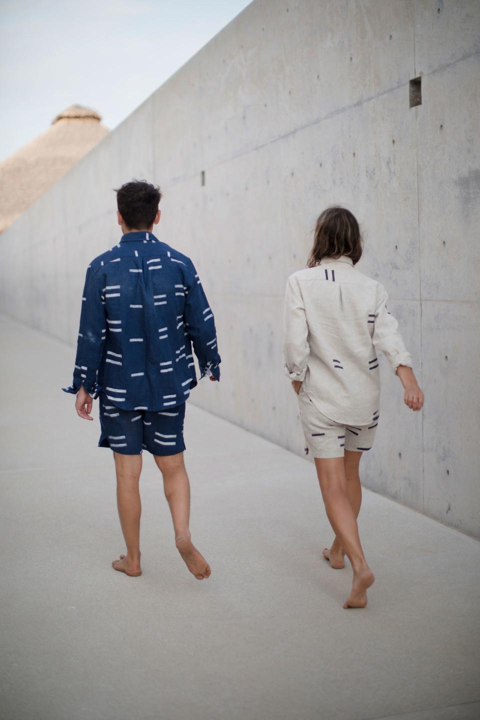 We collaborated on an outfit for the weekend: my textiles hand-block–printed on his shirts and shorts.