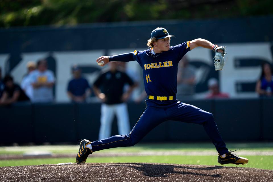 Moeller pitcher Zion Theophilus (11) pitches in the first inning of the OHSAA Cincinnati Region 4 finals game at Xavier University Hayden Field in Cincinnati on Friday, June 2, 2023.