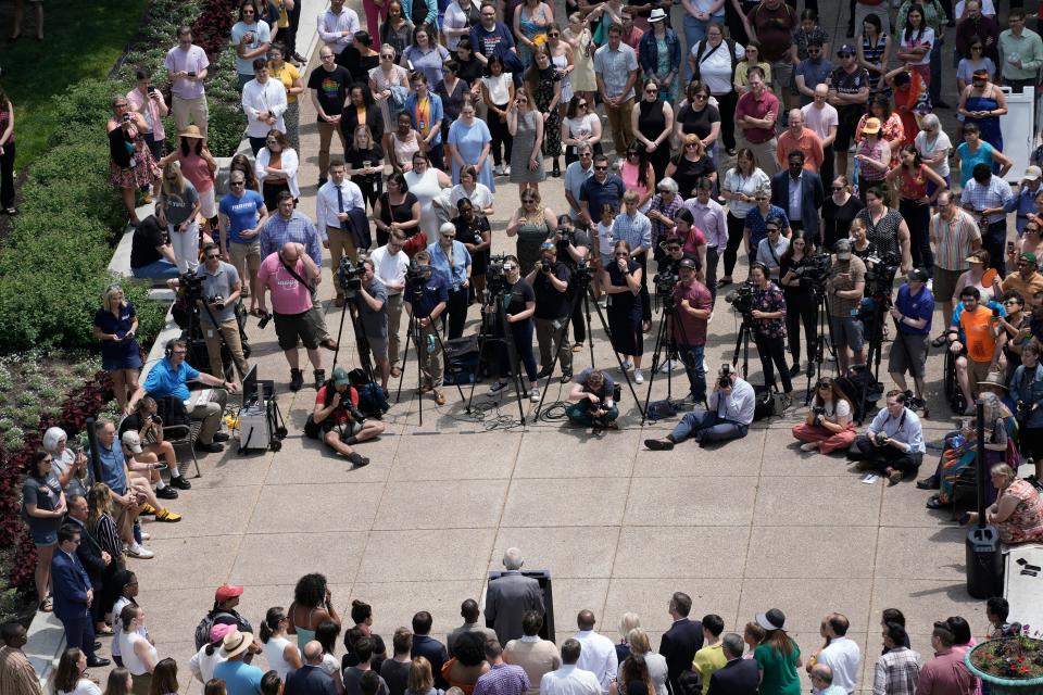 Wisconsin Gov. Tony Evers speaks at the fifth annual Pride Month celebration as the Pride Flag is about to be raised at the Wisconsin State Capitol on Thursday in Madison.