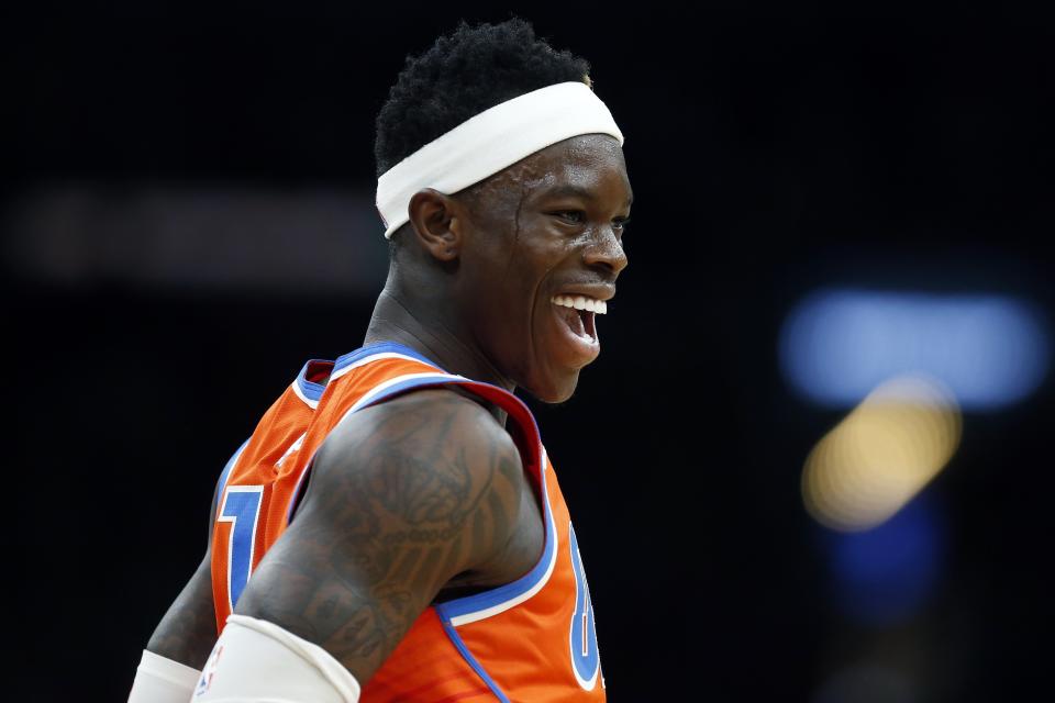 Oklahoma City Thunder's Dennis Schroder reacts after scoring during the second half of an NBA basketball game against the Boston Celtics, Sunday, March, 8, 2020, in Boston. (AP Photo/Michael Dwyer)