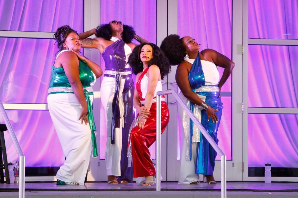 From left, Ariel Blue, Stephanie Zandra, Delores McKenzie and Syreeta S. Banks are the “Sistas in the Name of Soul,” part of a show presented by the Westcoast Black Theatre Troupe at the National Black Theatre Festival in North Carolina.