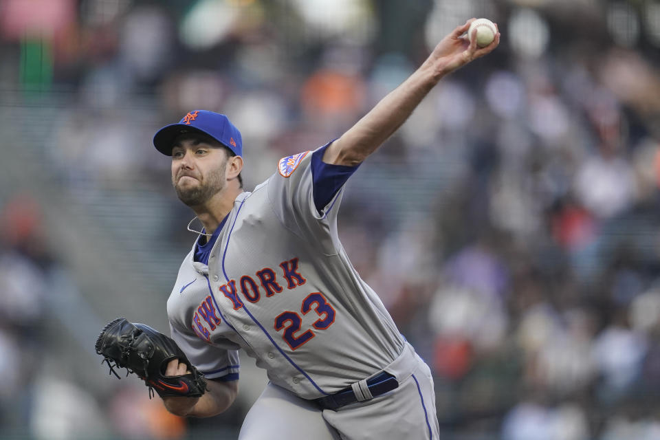 New York Mets' David Peterson pitches against the San Francisco Giants during the first inning of a baseball game in San Francisco, Monday, May 23, 2022. (AP Photo/Jeff Chiu)