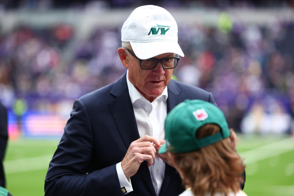 Oct 6, 2024; Tottenham, ENG; New York Jets owner Woody Johnson is pitch side before kick off against the Minnesota Vikings at Tottenham Hotspur Stadium. Mandatory Credit: Shaun Brooks-Imagn Images