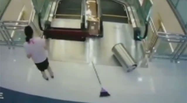 A gaping hole is seen at the top of the escalator. Photo: Screenshot