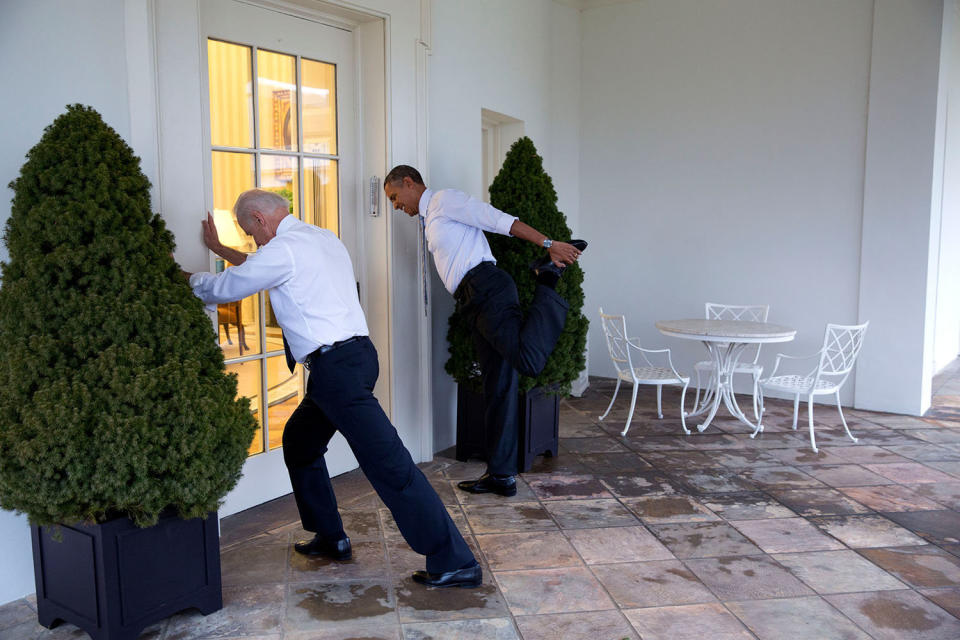 President Barack Obama and Vice President Joe Biden participate in a "Let's Move!" video taping on the Colonnade of the White House, Feb. 21, 2014. (Official White House Photo by Pete Souza)  This official White House photograph is being made available only for publication by news organizations and/or for personal use printing by the subject(s) of the photograph. The photograph may not be manipulated in any way and may not be used in commercial or political materials, advertisements, emails, products, promotions that in any way suggests approval or endorsement of the President, the First Family, or the White House.