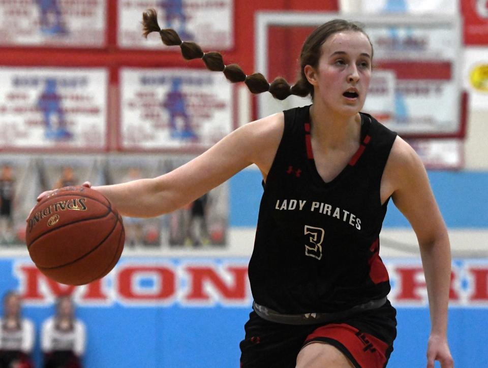 Lubbock-Cooper's Callyn Dallas dribbles the ball against Monterey in a District 4-5A basketball game, Friday, Jan. 20, 2023, at New Box at Monterey High School.