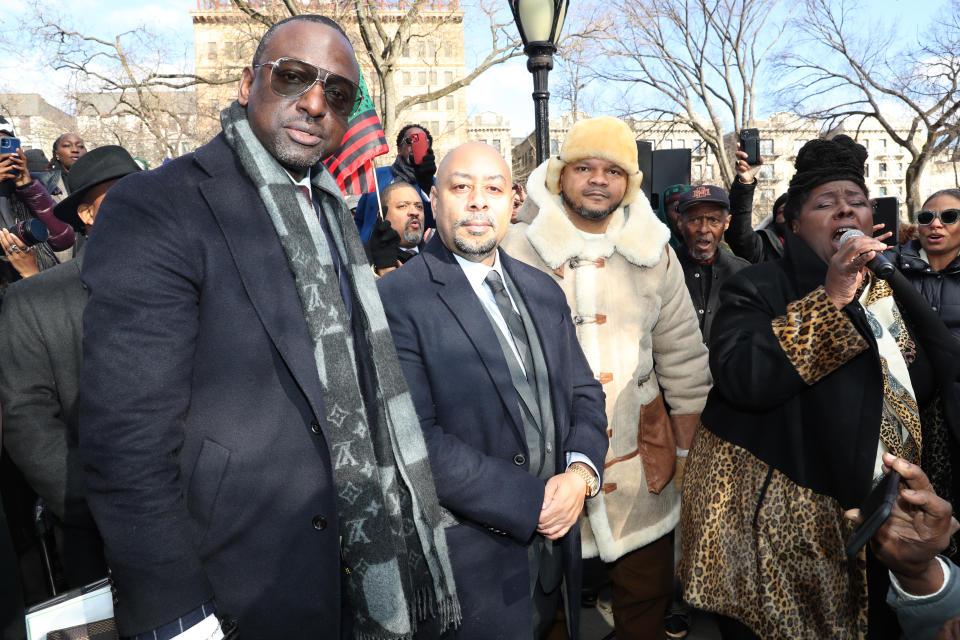 From left, Yusef Salaam, Raymond Santana and Kevin Richardson attend the unveiling of the 