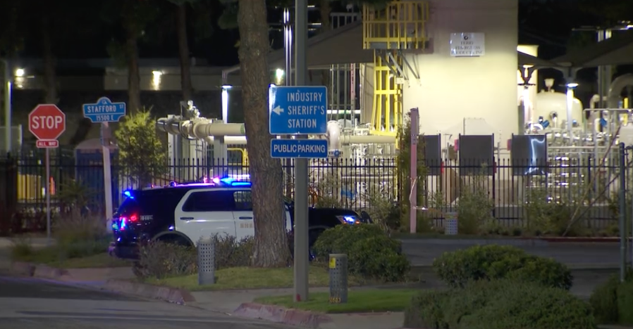 Deputies close off the area outside the Los Angeles County Sheriff’s Department station in the city of Industry. Authorities allege a juvenile female stole a gun from a deputy and died of a self-inflicted gunshot wound on March 24, 2024. (KTLA)