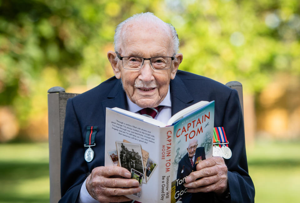 MILTON KEYNES, ENGLAND - SEPTEMBER 17: Captain Sir Tom Moore poses during a photocall to mark the launch of his memoir "Tomorrow Will Be A Good Day" at The Coach House on September 17, 2020 in Milton Keynes, England. (Photo by Samir Hussein/WireImage)