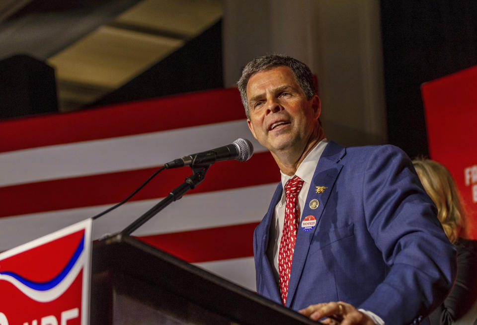 Virginia state Sen. John McGuire, a candidate in the Republican primary for the state's 5th Congressional District, speaks to supporters in Lynchburg, Va., Tuesday, June 18, 2024. (AP Photo/Skip Rowland)