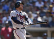 Atlanta Braves' Freddie Freeman looks up after hitting a three-run home run during the eighth inning of a baseball game against the San Diego Padres in San Diego, Sunday, July 14, 2019. (AP Photo/Kelvin Kuo)