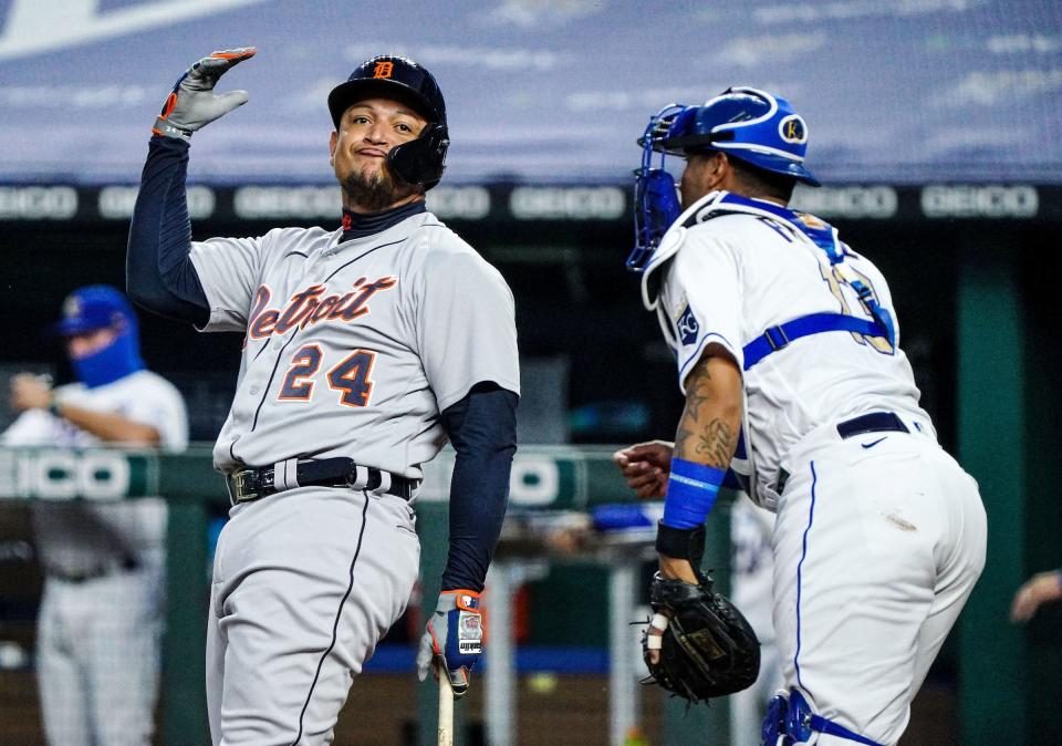 Detroit Tigers designated hitter Miguel Cabrera (24) reacts after striking out during the first inning against the Kansas City Royals on Friday, Sept. 25, 2020, at Kauffman Stadium.