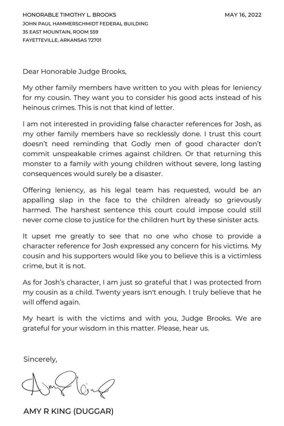 Amy Duggar Letter to Judge Brooks