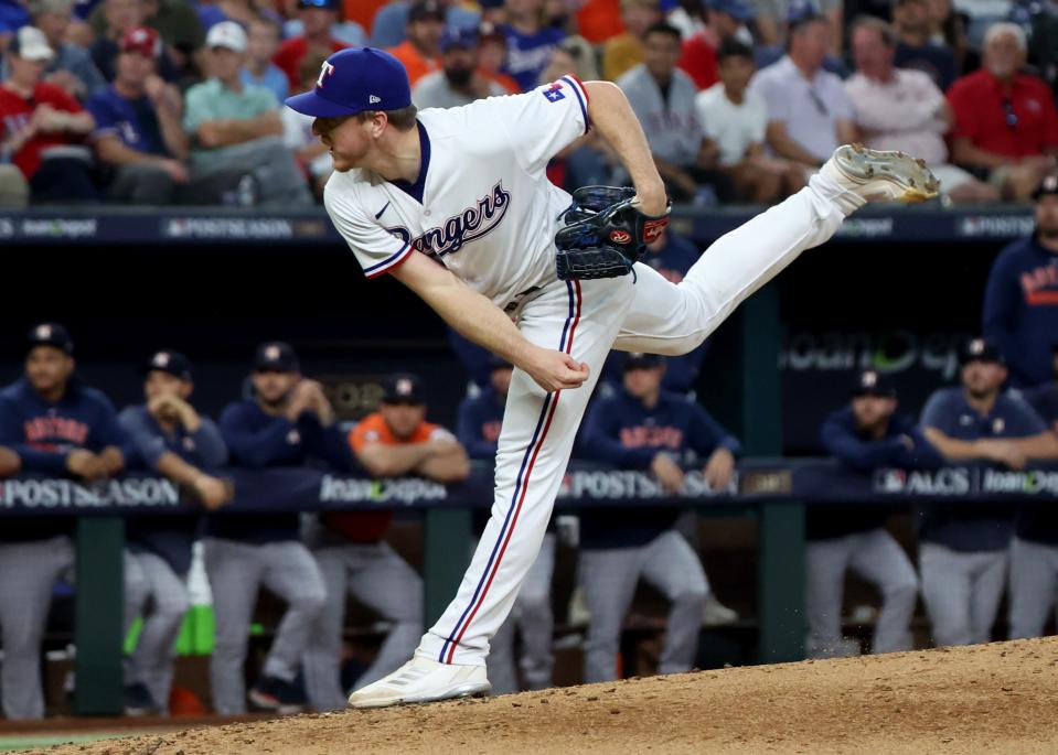 Rangers relief pitcher Josh Sborz fires a pitch during the seventh inning of Game 5 of the ALCS against the Astros at Globe Life Field in Arlington, Texas on Oct. 20, 2023.