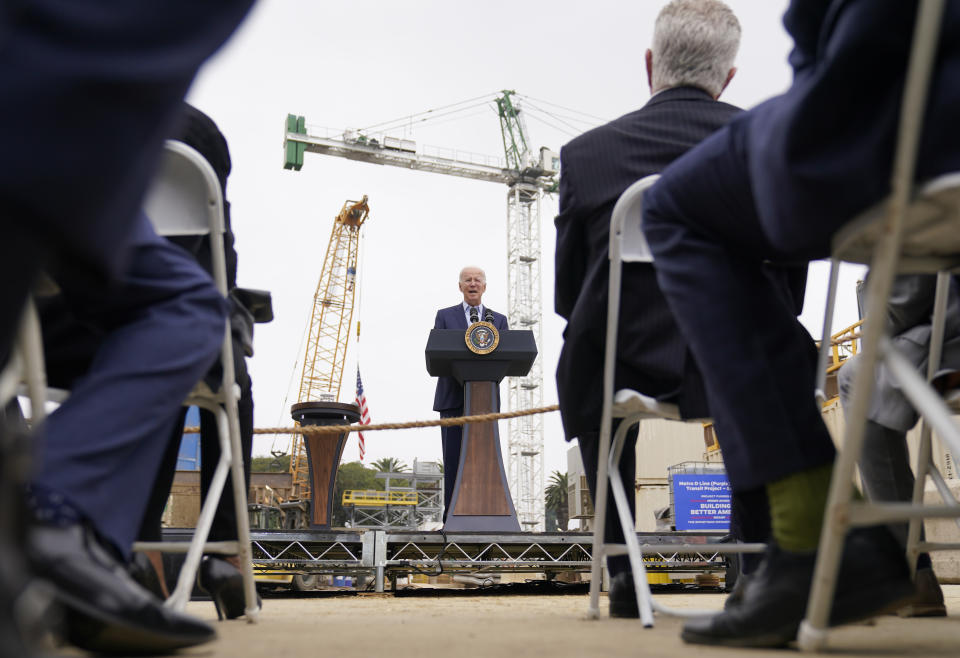 President Joe Biden speaks about infrastructure investments at the LA Metro, D Line (Purple) Extension Transit Project - Section 3, in Los Angeles, Thursday, Oct. 13, 2022. (AP Photo/Carolyn Kaster)