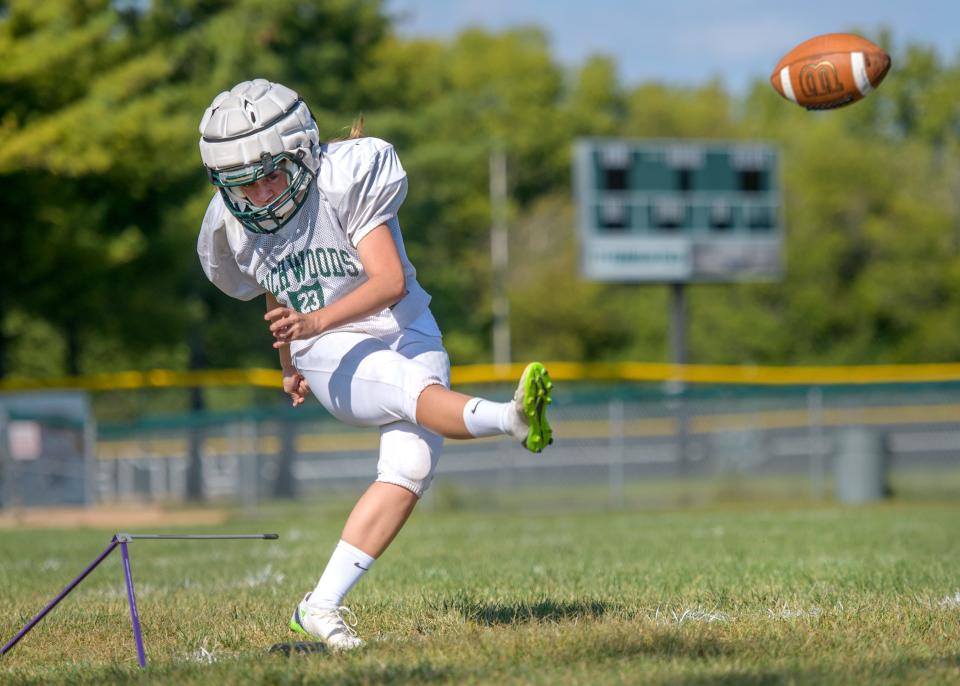 Richwoods sophomore kicker Jasmine Bisping boots a field goal during practice Monday, Sept. 18, 2023 at Richwoods High School.