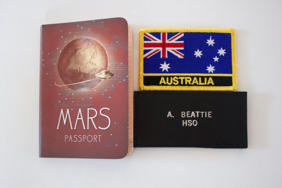 Here's my country badge, my HSO tag and a special Mars passport given to me by scientist Jen Blank on our NASA Spaceward Bound expedition to the Ladakh region of India. <cite>The Mars Society</cite>