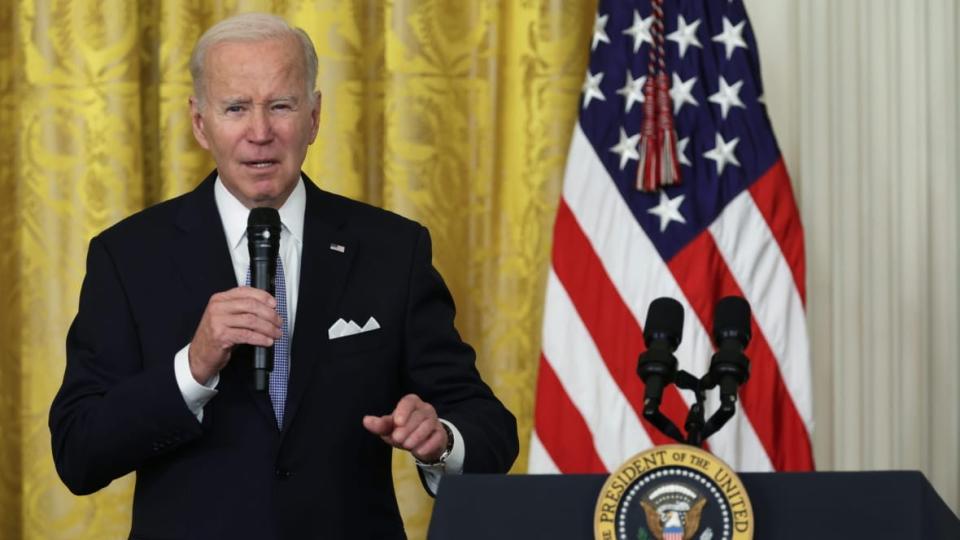 U.S. President Joe Biden speaks to mayors from across the country during an event at the East Room of the White House on January 20, 2023 in Washington, DC. President Biden hosted mayors who are attending the U.S. Conference of Mayors Winter Meeting at the White House to discuss bipartisan achievements. (Photo by Alex Wong/Getty Images)