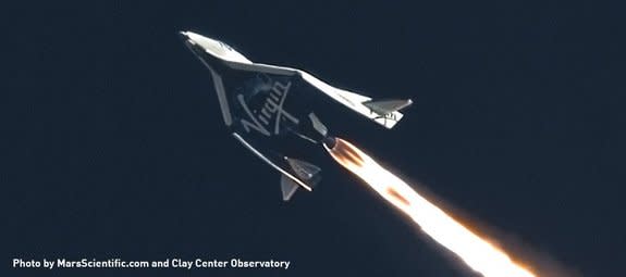 Virgin Galactic's private SpaceShipTwo suborbital space plane streaks across the sky in a supersonic rocket-powered test flight on Jan. 10, 2014 over Mojave, Calif. It is the third supersonic test flight for SpaceShipTwo, which is designed to f