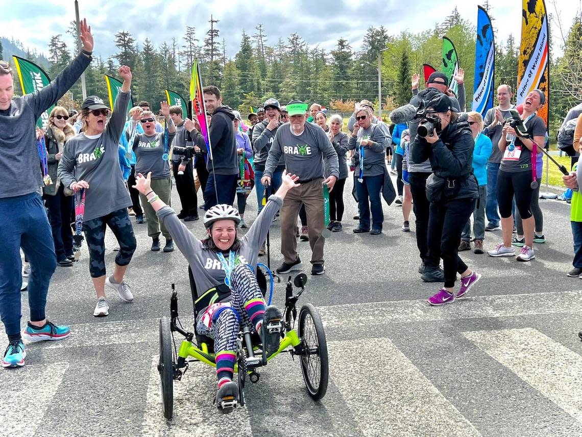 Andrea Peet at the finish line of the Prince of Wales Island marathon in Alaska on May 28, 2022. With the Alaska marathon, Peet became the first person with ALS to complete a marathon in all 50 states.