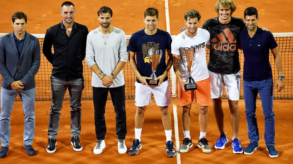 Dusan Lajovic, Viktor Troicki, Grigor Dimitrov, Filip Krajinovic, Dominic Thiem, Alexander Zverev and Novak Djokovic, pictured here at the Adria Tour event in Serbia.