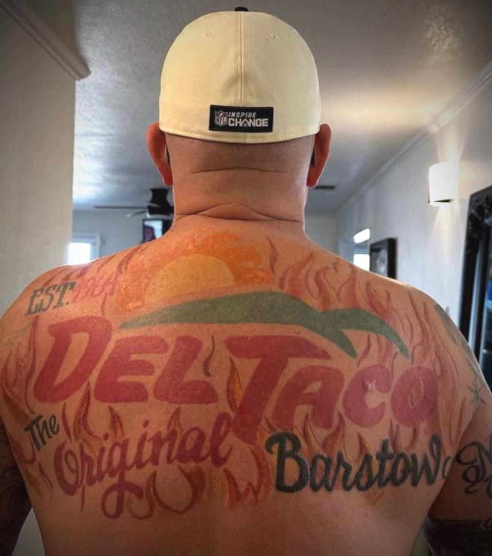 Body artist Danny “Wacky” Benavidez of Barstow, California, created a Del Taco logo tattoo for fellow resident David Jones. The chain was founded in California.