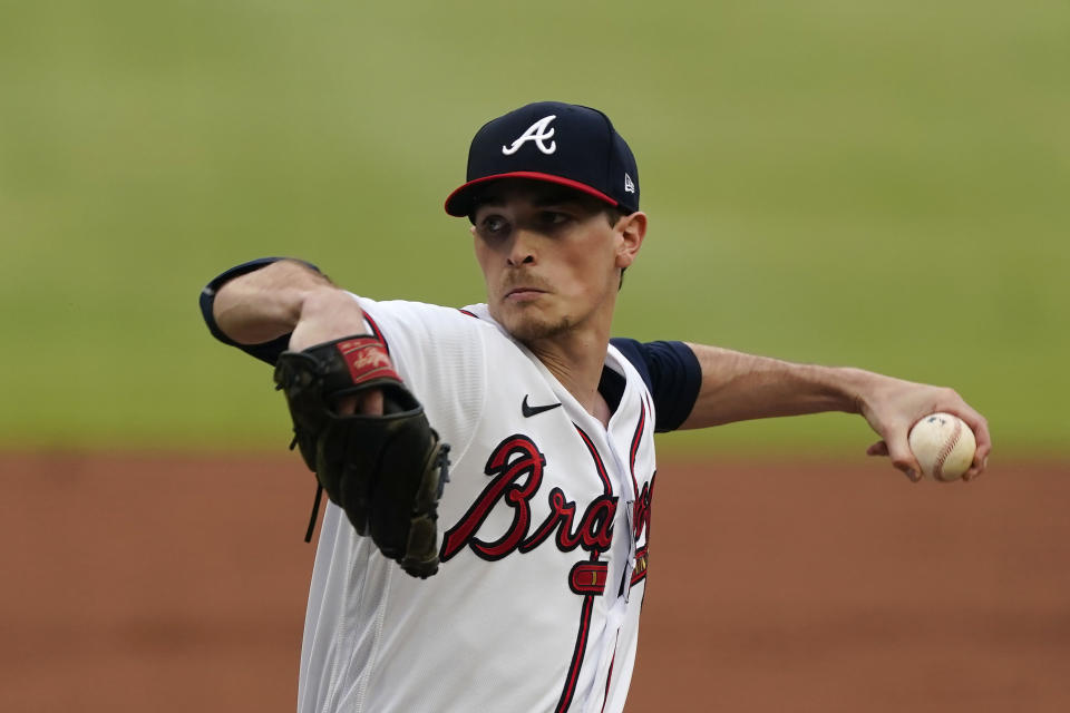 Atlanta Braves starting pitcher Max Fried (54) works against the New York Mets in the second inning of a baseball game Monday, May 17, 2021, in Atlanta. (AP Photo/John Bazemore)