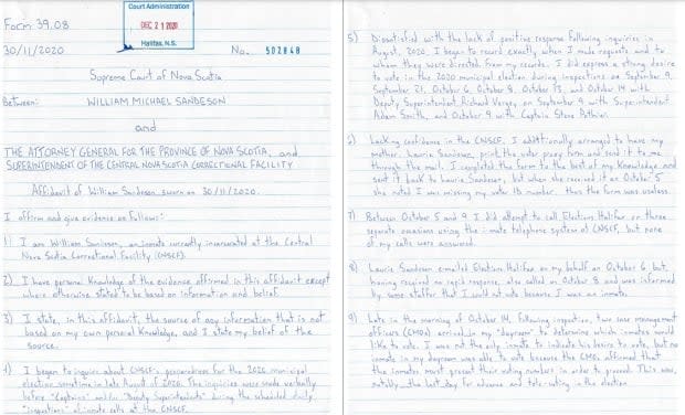 The hand-written notice legal notice William Sandeson filed from the Central Nova Scotia Correctional Facility in Burnside, in November 2020.