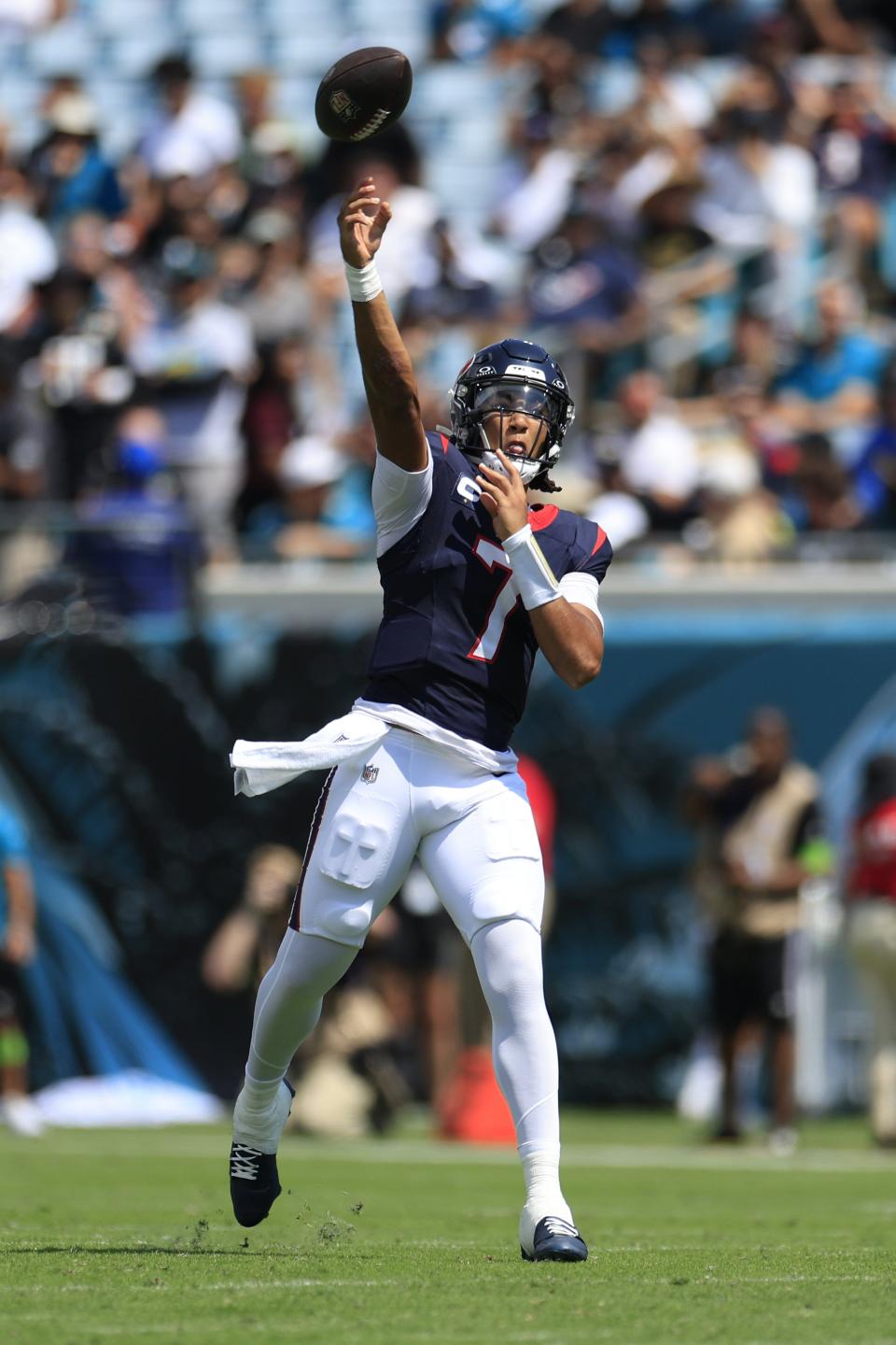 Houston Texans quarterback C.J. Stroud (7), seen here throwing a pass against the Jacksonville Jaguars in a 37-17 victory two months ago at EverBank Stadium, is have a phenomenal rookie year and might be looking at a long-term rivalry with Jaguars' QB Trevor Lawrence.