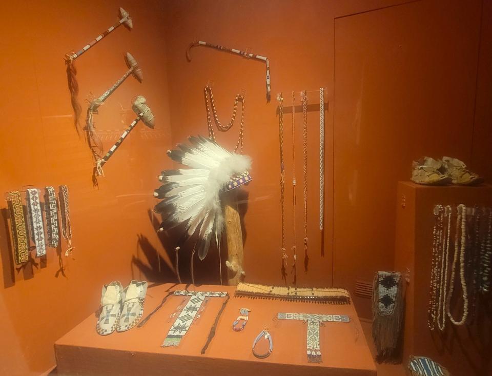 One of many Native American exhibits, as seen on 02/21/24. Carefully crafted beaded jewelry, Headdresses and so much more to view for the tourist located within the Pacific House museum.