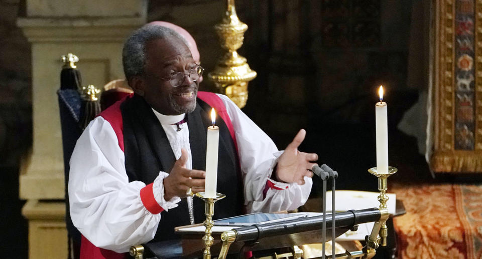 The Most Rev Bishop Michael Curry gives an address during the wedding of Prince Harry and Meghan Markle in St George’s Chapel. Source: Getty