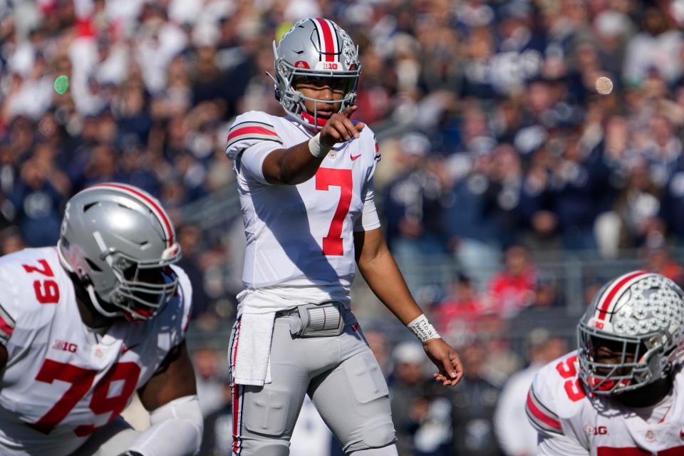 Oct 29, 2022; University Park, Pennsylvania, USA; Ohio State Buckeyes quarterback C.J. Stroud (7) calls out a play during the first half of the NCAA Division I football game against the Penn State Nittany Lions at Beaver Stadium. Mandatory Credit: Adam Cairns-The Columbus Dispatch