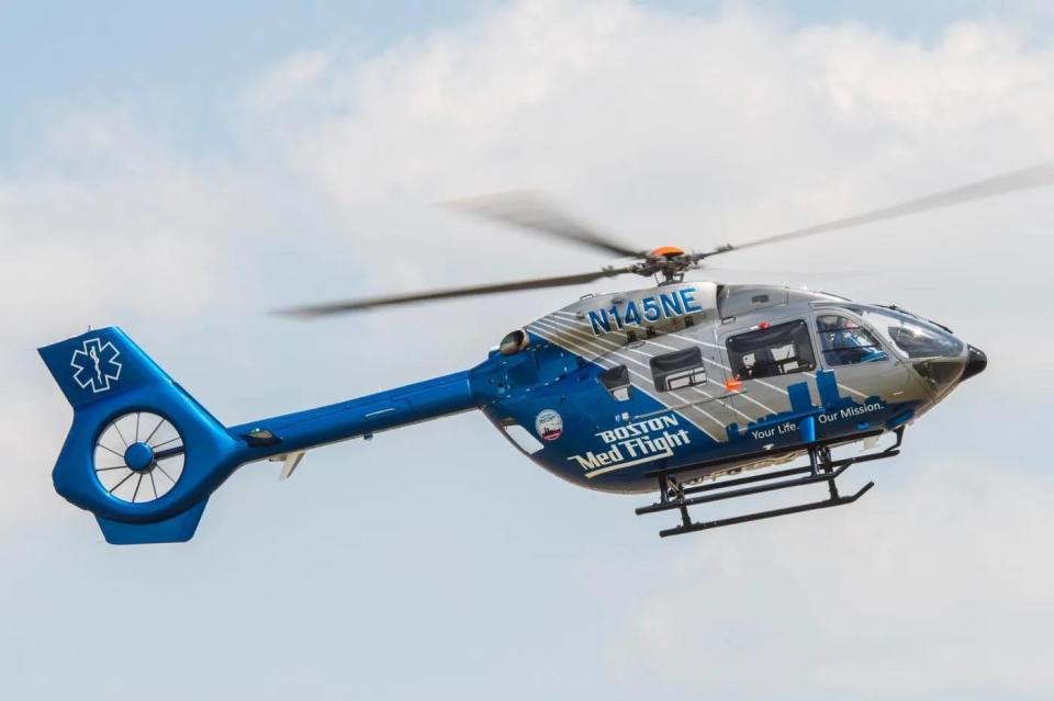 A medical rescue helicopter transports a person who suffered serious injuries in an explosion that occurred Monday afternoon inside a Holliston home to a Boston hospital.