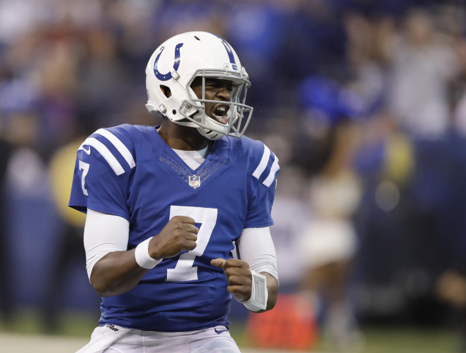 Yes! Colts QB Jacoby Brissett helped his college program, N.C. State, make a bit of history on Sunday. (AP)