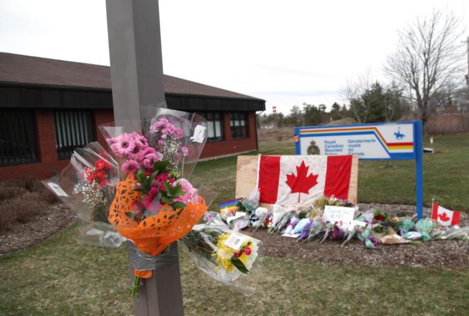 An impromptu memorial in front of the RCMP detachment Enfield, Nova Scotia