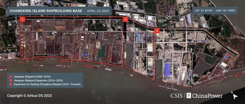 A satellite image showing Jiangnan Shipyard in China, its expansion, and the addition of moving Hudong-Zhonghua shipyard.