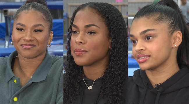 Jordan Chiles (R), Zoe Miller (C), and Tiana Sumanasekera (R) sit down with Reporter Jala Washington. (KXAN photos/Todd Bailey).