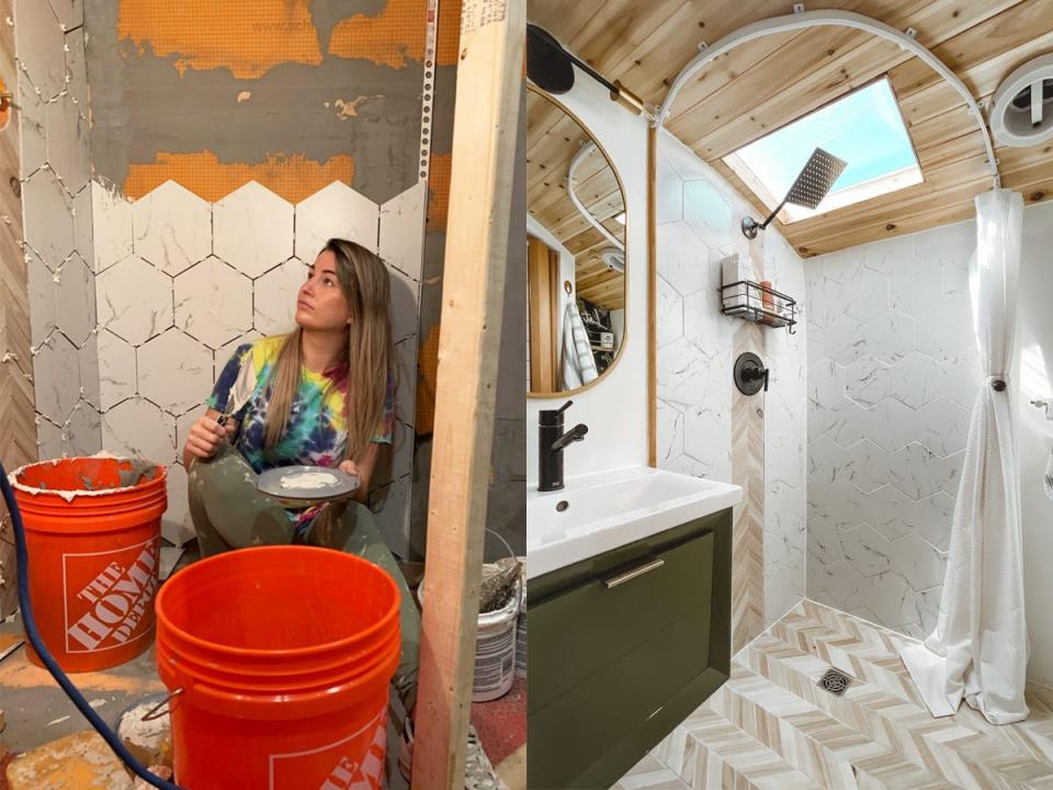 On the left, the writer tiling the bathroom on the school bus. On the right, the finished bathroom with white tiles and a shower