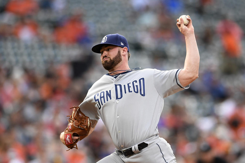 San Diego Padres starting pitcher Logan Allen delivers a pitch during the first inning of a baseball game against the Baltimore Orioles, Tuesday, June 25, 2019, in Baltimore. (AP Photo/Nick Wass)